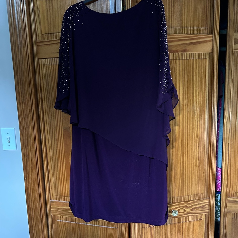 Xscape Asymmetrical Purple Dress with Embellished Sleeves
